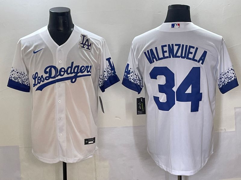 Men 2025 Los Angeles Dodgers #34 Valenzuela White blue City Edition Nike MLB Jersey style 8